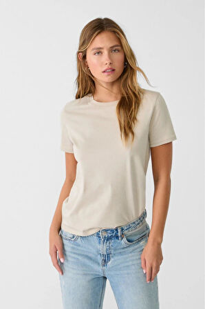 %100 Pamuk süper kalite kadın tişört düz renk bej bisiklet yaka organik pamuk penye t-shirt