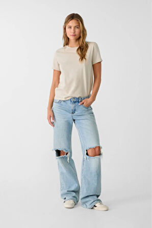 %100 Pamuk süper kalite kadın tişört düz renk bej bisiklet yaka organik pamuk penye t-shirt