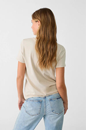 %100 Pamuk süper kalite kadın tişört düz renk bej bisiklet yaka organik pamuk penye t-shirt