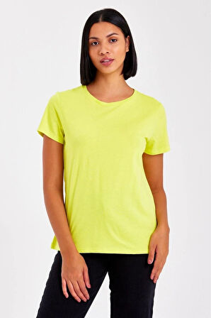 %100 Pamuk süper kalite kadın tişört düz renk sarı bisiklet yaka organik pamuk penye t-shirt