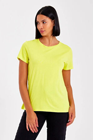 %100 Pamuk süper kalite kadın tişört düz renk sarı bisiklet yaka organik pamuk penye t-shirt