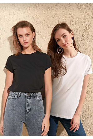%100 organik pamuk 2`li paket Soft Touch kadın tişört siyah beyaz bisiklet yaka örme penye t-shirt