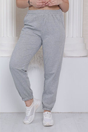 Kadın Gri Yazlık Lastikli Paça Klasik Eşofman Alt