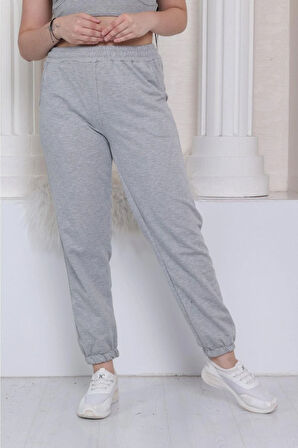 Kadın Gri Yazlık Lastikli Paça Klasik Eşofman Alt