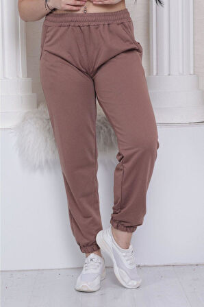 Kadın Kahve Rengi Yazlık Lastikli Paça Klasik Eşofman Alt