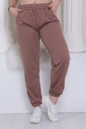 Kadın Kahve Rengi Yazlık Lastikli Paça Klasik Eşofman Alt