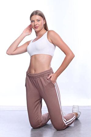 Kadın Şeritli Kahve Rengi Yazlık Lastikli Paça Klasik Eşofman Altı