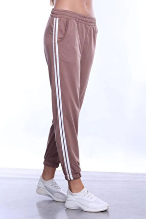 Kadın Şeritli Kahve Rengi Yazlık Lastikli Paça Klasik Eşofman Altı