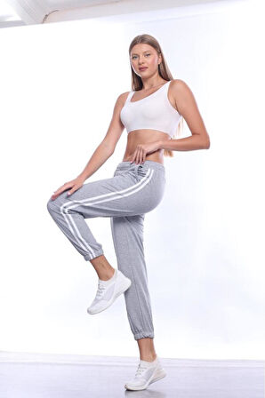 Kadın Şeritli Gri Melanj Yazlık Lastikli Paça Klasik Eşofman Altı