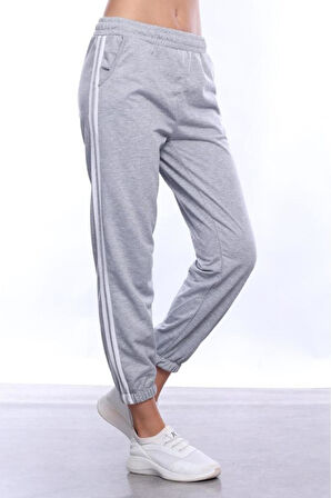 Kadın Şeritli Gri Melanj Yazlık Lastikli Paça Klasik Eşofman Altı