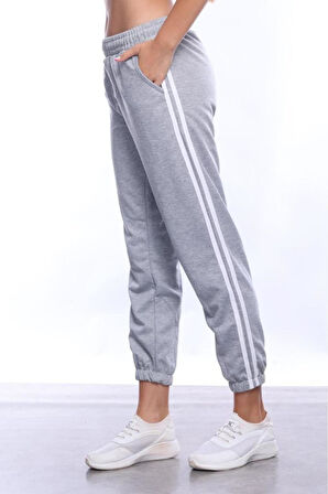 Kadın Şeritli Gri Melanj Yazlık Lastikli Paça Klasik Eşofman Altı