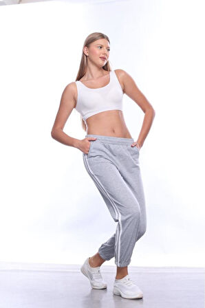 Kadın Şeritli Gri Melanj Yazlık Lastikli Paça Klasik Eşofman Altı