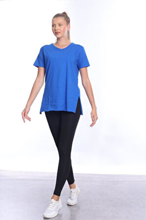 %100 Pamuk Kadın Sax Mavisi V yaka yanı yırtmaçlı asimetrik penye pamuk örme T-shirt tişört tunik