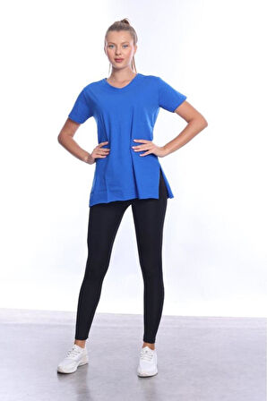 %100 Pamuk Kadın Sax Mavisi V yaka yanı yırtmaçlı asimetrik penye pamuk örme T-shirt tişört tunik