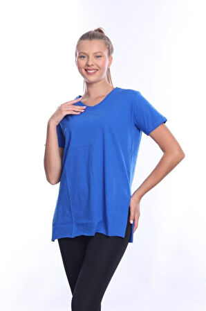 %100 Pamuk Kadın Sax Mavisi V yaka yanı yırtmaçlı asimetrik penye pamuk örme T-shirt tişört tunik