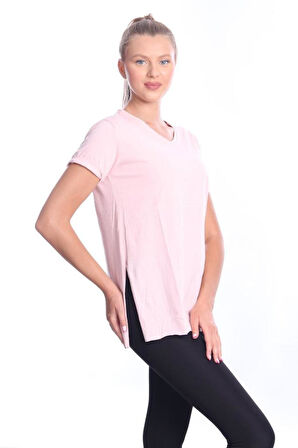 %100 Pamuk Kadın Pembe V yaka yanı yırtmaçlı asimetrik penye pamuk örme T-shirt tişört tunik