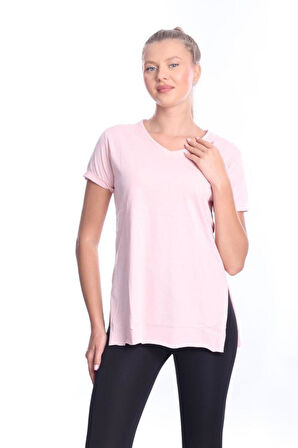 %100 Pamuk Kadın Pembe V yaka yanı yırtmaçlı asimetrik penye pamuk örme T-shirt tişört tunik