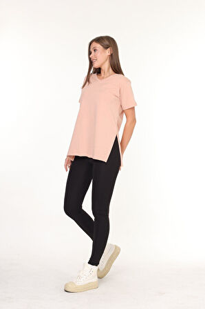 %100 Pamuk Kadın Bej V yaka yanı yırtmaçlı asimetrik penye pamuk örme T-shirt tişört tunik