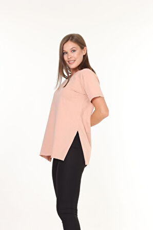 %100 Pamuk Kadın Bej V yaka yanı yırtmaçlı asimetrik penye pamuk örme T-shirt tişört tunik