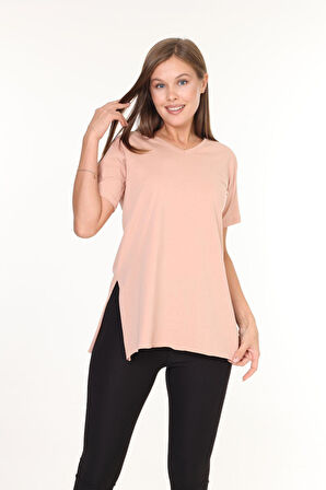 %100 Pamuk Kadın Bej V yaka yanı yırtmaçlı asimetrik penye pamuk örme T-shirt tişört tunik