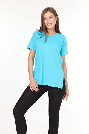 %100 Pamuk Kadın Turkuaz Mavisi V Yaka Yanı Yırtmaçlı Asimetrik Penye Pamuk Örme T-shirt Tunik