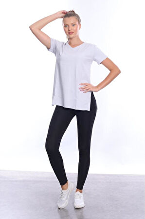 %100 Pamuk Kadın Düz Gri V yaka yanı yırtmaçlı asimetrik penye pamuk örme T-shirt tişört tunik