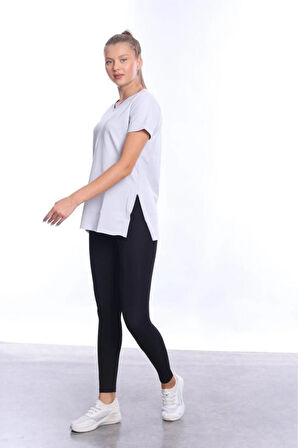 %100 Pamuk Kadın Düz Gri V yaka yanı yırtmaçlı asimetrik penye pamuk örme T-shirt tişört tunik