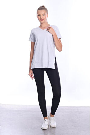 %100 Pamuk Kadın Düz Gri V yaka yanı yırtmaçlı asimetrik penye pamuk örme T-shirt tişört tunik