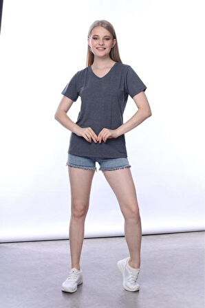 süper kalite Antrasit V yaka kadın tişört düz renk basic organik pamuk örme penye t-shirt