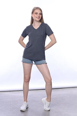 süper kalite Antrasit V yaka kadın tişört düz renk basic organik pamuk örme penye t-shirt