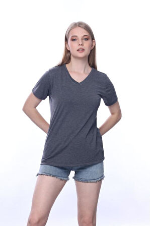 süper kalite Antrasit V yaka kadın tişört düz renk basic organik pamuk örme penye t-shirt