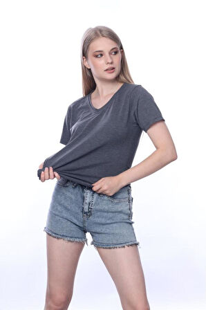 süper kalite Antrasit V yaka kadın tişört düz renk basic organik pamuk örme penye t-shirt