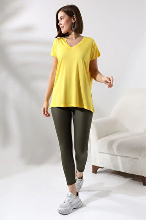 süper kalite Sarı V yaka kadın tişört düz renk basic organik pamuk örme penye t-shirt