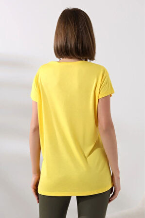 süper kalite Sarı V yaka kadın tişört düz renk basic organik pamuk örme penye t-shirt