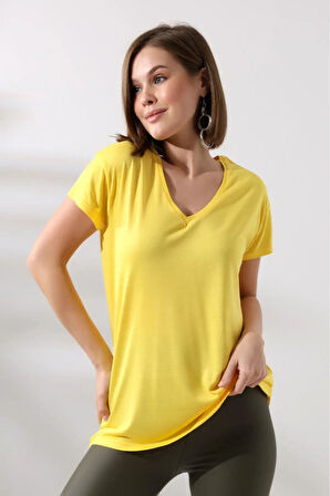 süper kalite Sarı V yaka kadın tişört düz renk basic organik pamuk örme penye t-shirt