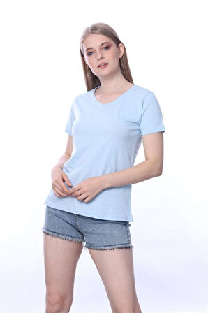 süper kalite Mavi V yaka kadın tişört düz renk basic organik pamuk örme penye t-shirt