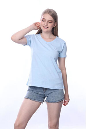 süper kalite Mavi V yaka kadın tişört düz renk basic organik pamuk örme penye t-shirt