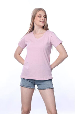 süper kalite Pembe V yaka kadın tişört düz renk basic organik pamuk örme penye t-shirt