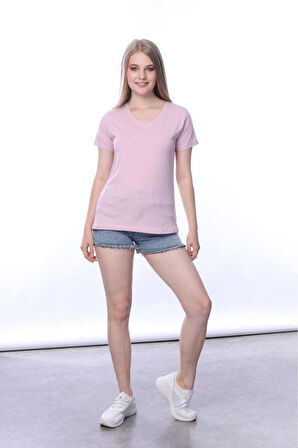 süper kalite Pembe V yaka kadın tişört düz renk basic organik pamuk örme penye t-shirt