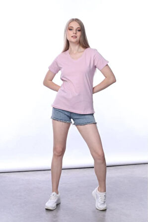 süper kalite Pembe V yaka kadın tişört düz renk basic organik pamuk örme penye t-shirt