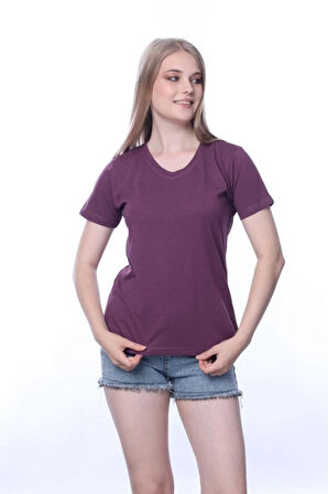 süper kalite Mürdüm V yaka kadın tişört düz renk basic organik pamuk örme penye t-shirt