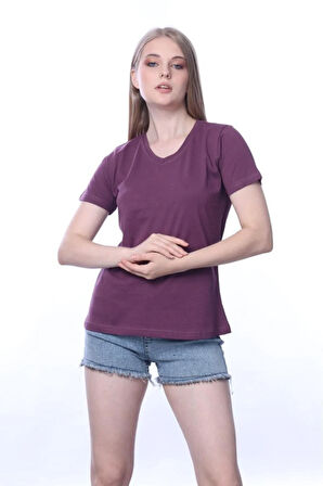 süper kalite Mürdüm V yaka kadın tişört düz renk basic organik pamuk örme penye t-shirt