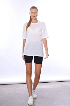 Kadın iç Gösteren Transparan Penye Pamuk Beyaz Bisiklet Yaka Oversize T-shirt