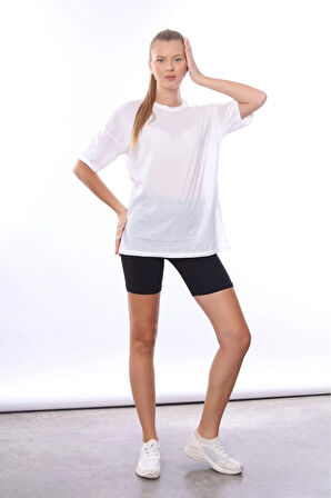 Kadın iç Gösteren Transparan Penye Pamuk Beyaz Bisiklet Yaka Oversize T-shirt
