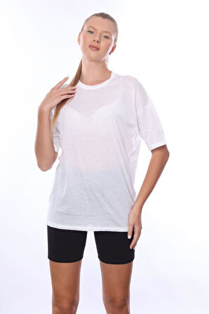 Kadın iç Gösteren Transparan Penye Pamuk Beyaz Bisiklet Yaka Oversize T-shirt