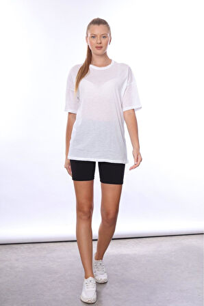 Kadın iç Gösteren Transparan Penye Pamuk Beyaz Bisiklet Yaka Oversize T-shirt