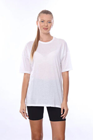 Kadın iç Gösteren Transparan Penye Pamuk Beyaz Bisiklet Yaka Oversize T-shirt