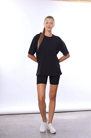 Kadın iç Gösteren Transparan Penye Pamuk Siyah Bisiklet Yaka Oversize T-shirt