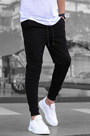 Erkek Siyah Paçası Manşetli Slim Fit Sweatpant / Eşofman Altı