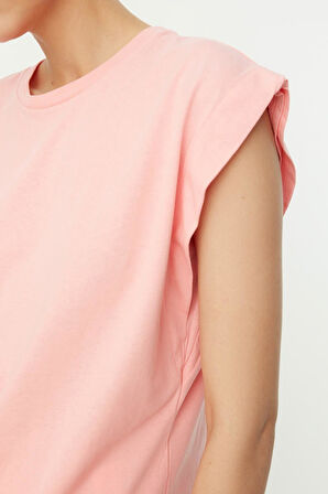 Pembe %100 Pamuk Vatka Görünümlü Basic Bisiklet Yaka Örme T-Shirt